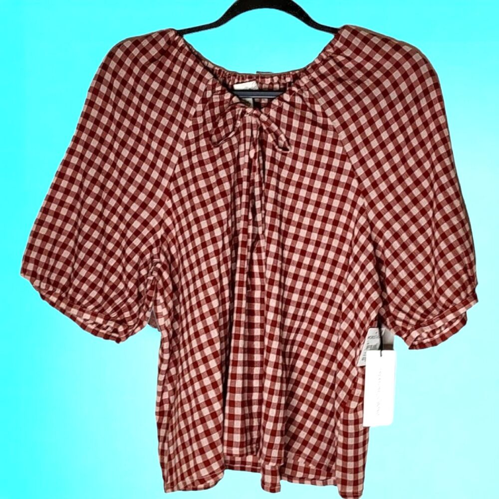 NEW Treasure & Bond Sz L Pink Rust Becca Check Split Neck Tie Front Billowy Top